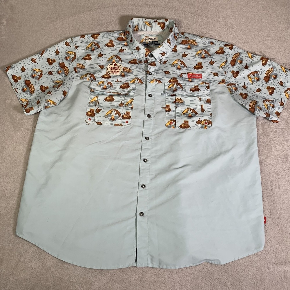 Magellan Outdoors Shirt Mens 3XL Blue‎ Shiner Beer Short Sleeve Button Up Lined